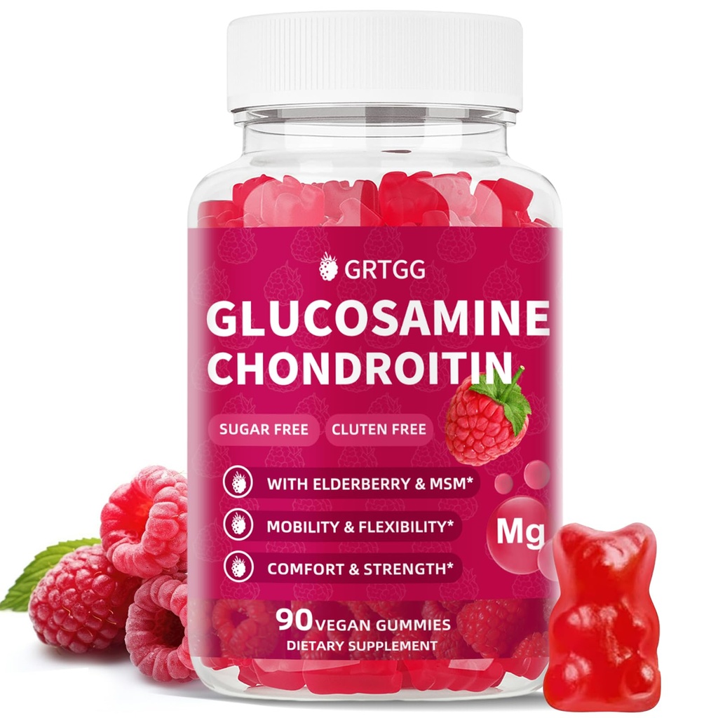 Glucosamină Chondroitin Gumies cu MSM & Elderberry Extra Force 3000MG - Suport comun, Supplement de suport imun antioxidant pentru adulți, Bărbați și femei - 90 Zmeură gummie