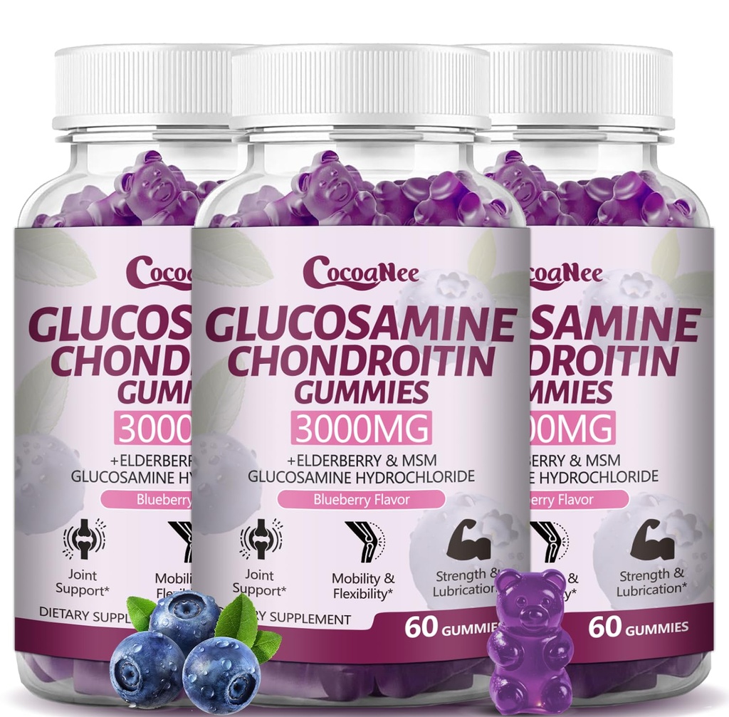 3 Pachete 3000MG Glucosamină Chondroitin Gummies, supliment suplimentar de suport comun cu MSM & Elderberry, flexibilitate, suport imun antioxidant Gummy pentru adulți, bărbați și femei 180Cts