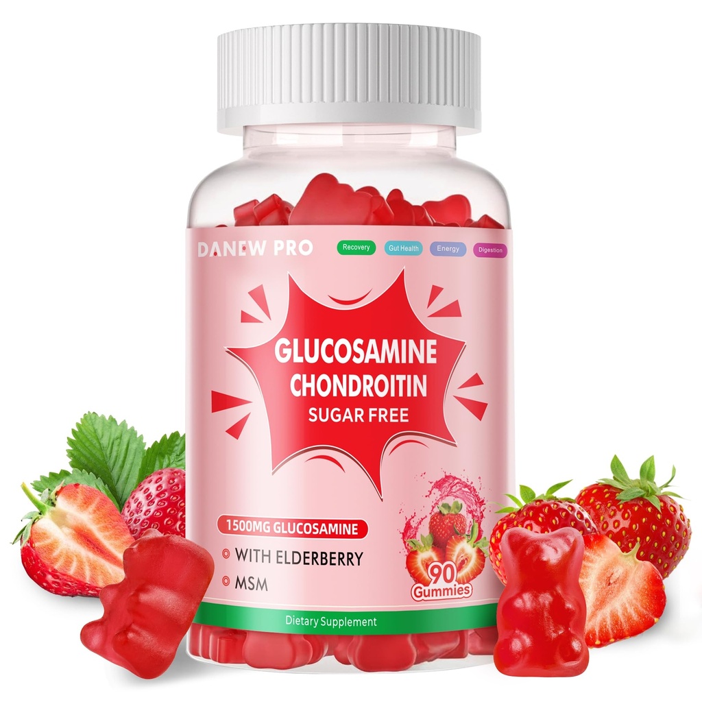 DANEW Pro Glucosamine Chondroitin Gumies cu MSM & Elderberry Extra Force - Suport comun, Supplement de suport imun antioxidant pentru adulți, Bărbați și femei.90 gume de căpșuni
