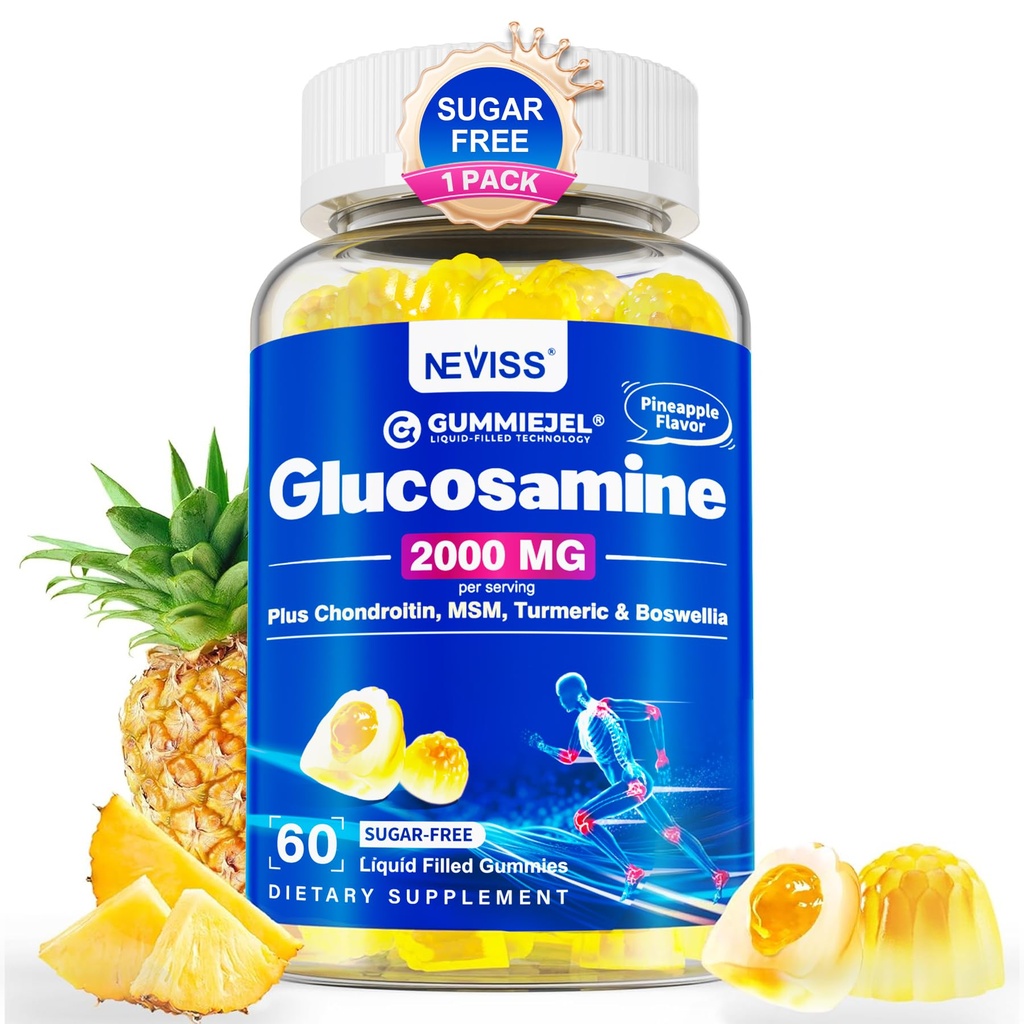 Glucozamină Chondroitin MSM Gummies - Suplimentul maxim de mobilitate pentru femei şi bărbaţi g/ glucosamină sulfat 2000mg, Boswellia, Curcumin & Acid hialuronic - Suport de flexibilitate - 60Cts