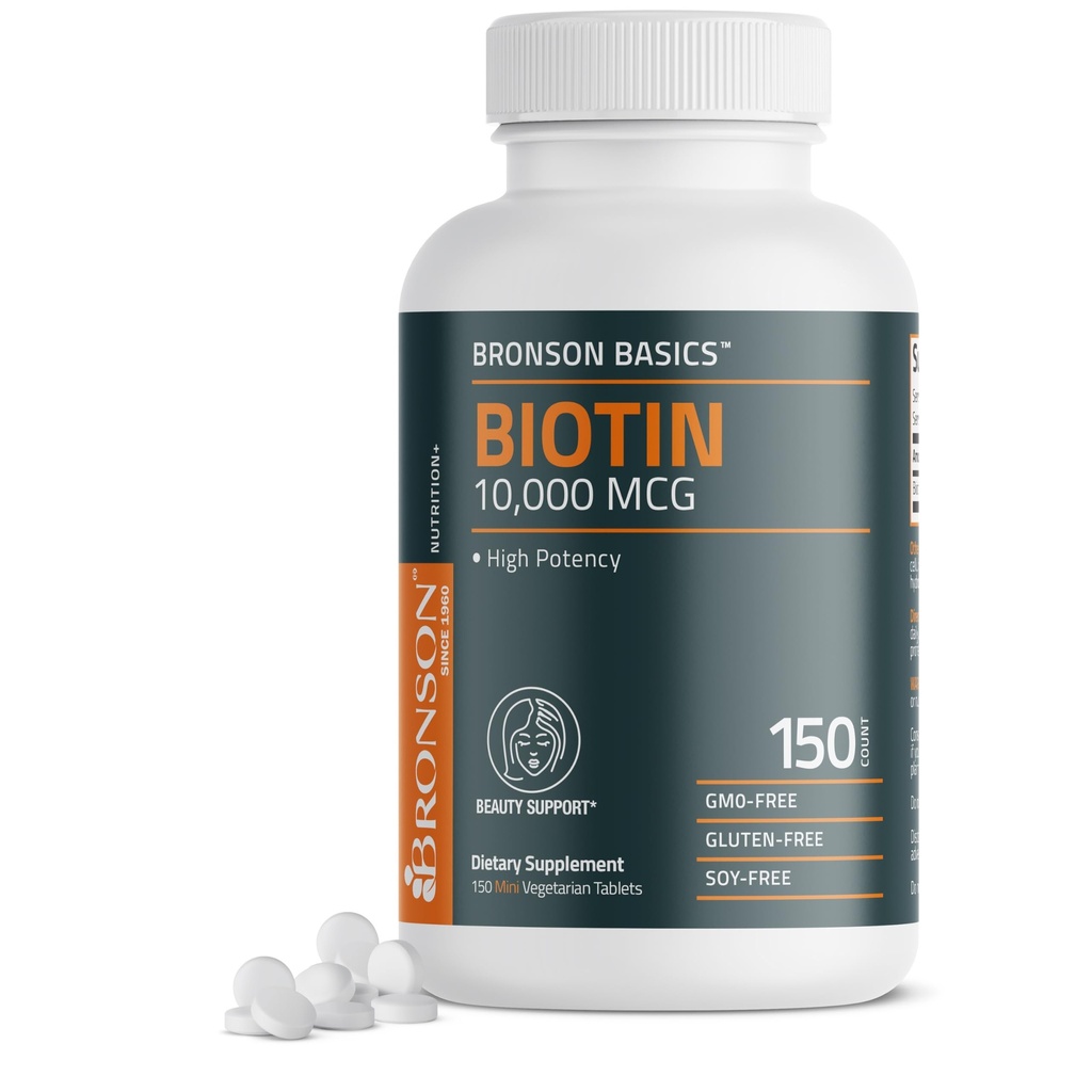 Bronson Biotin 10000mcg, sprijină părul sănătos, piele și unghii, vegetarian, non-GMO, 150 comprimate