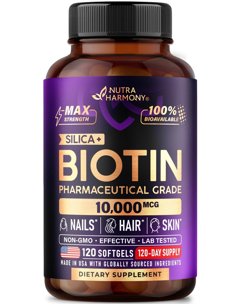 Biotin 10000mcg cu Silicon - Supliment de calitate farmaceutica Biotin pentru femei - Suport pentru cresterea parului, Skin & Nails - Rezistenta maxima & 100% Biodisponibilitatea - Made in USA - 120 Softgels, 120 zile de aprovizionare