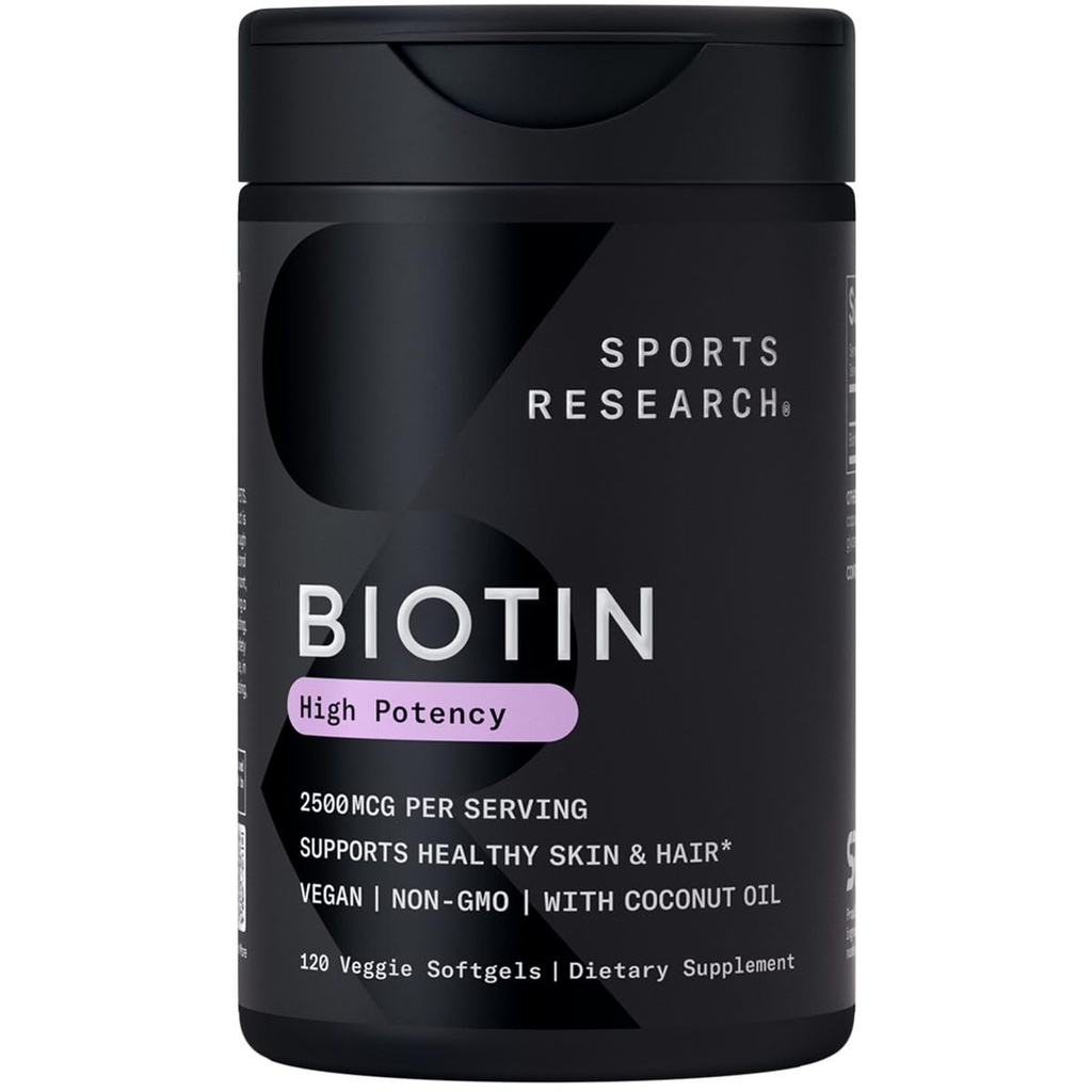 Sports Research® Biotin 2.500mcg cu ulei organic de nucă de cocos - Biotin (Vitamina B7) pentru ten sănătos și suport pentru păr* - pentru femei și bărbați - Vegan, Non-GMO, Gluten & Soy-Free - 120 Veggie Softgels