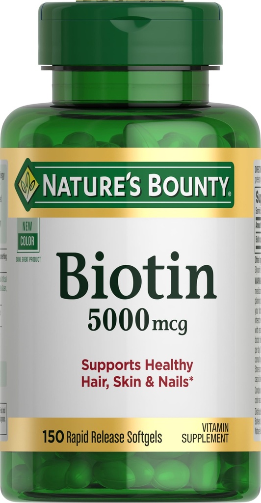 Natura's Bounty Biotin, susține metabolismul pentru energie celulară și păr sănătos, piele, și unghii, 5000 mcg, 150 Softgels