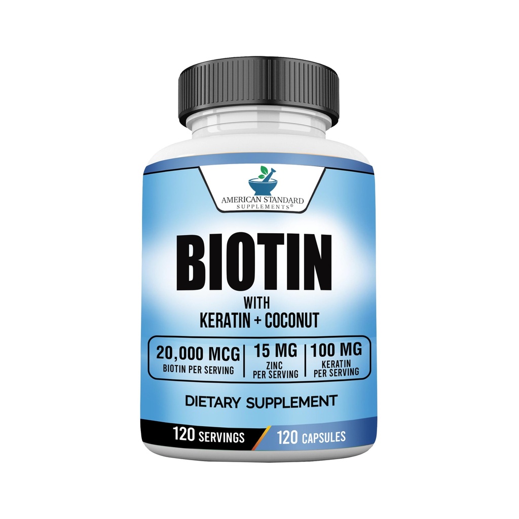 American Standard Suplimente Biotin 20000mcg cu Keratina, Nuca de cocos si Zinc, Biotin Supliment pentru Femei si Barbati,120 Capsule Veggie, 120 zile de aprovizionare