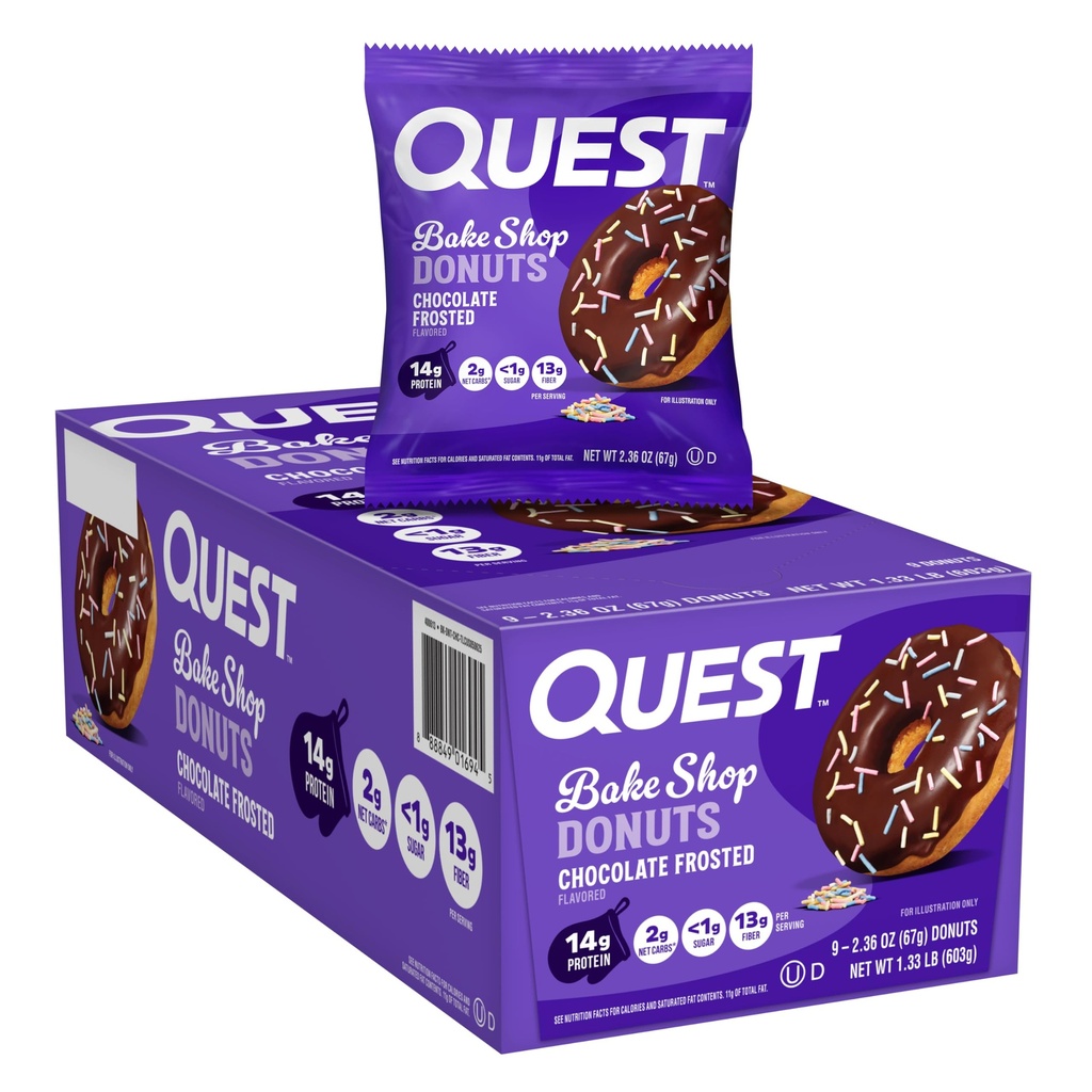 Quest Nutrition Bake Shop, Ciocolata Frosted Donuts, 14g Proteine, Mai puțin de 1g Zahăr, Proteine Snack, Low Sugar, 9 Conte