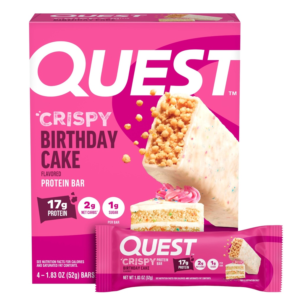Quest Nutritie Crispy Ziua de nastere Cake Proteina Bar, 17g Proteina, 1g Zahăr, 2g Net carbohidrati, Gluten gratuit Proteine Snack, Keto Friendly, 4 Conte