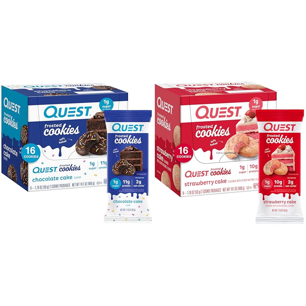 Quest Nutriție cookie-uri Frosted Twin Pack Bundle, tort de ciocolată 1g zahăr 11g Proteine 2g Net carbohidrați și căpșuni tort 1g Zahăr 10g Proteine 2g Net carbohidrați, Gluten gratuit, 16 cookie-uri Fiecare