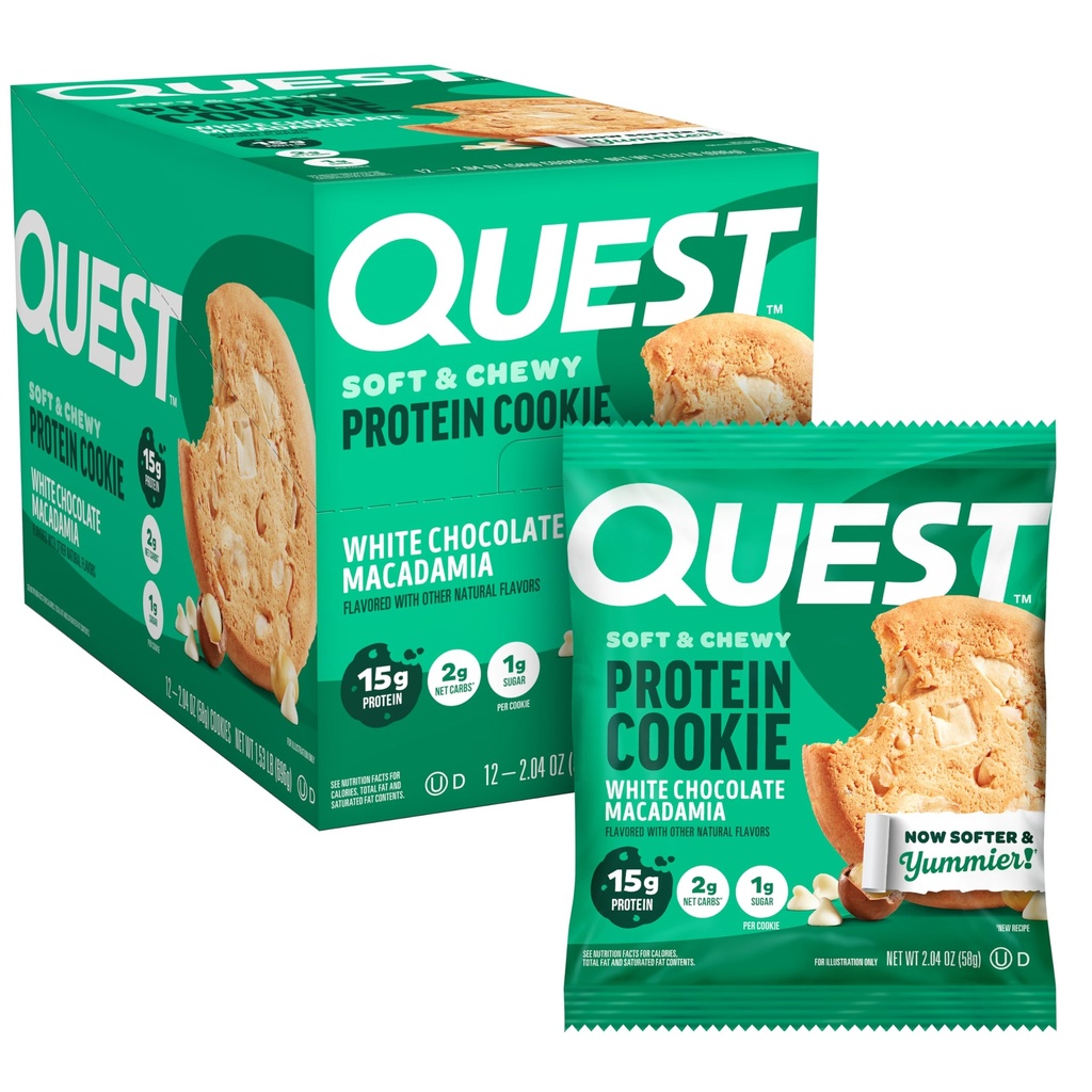 Quest Nutritie Ciocolata Alba Macadamia Proteina Cookie, 15g Proteina, 1g Zahăr, 2g Net carbohidrati, Keto Friendly, Proteina mare, Carb scăzut; 12 Conte