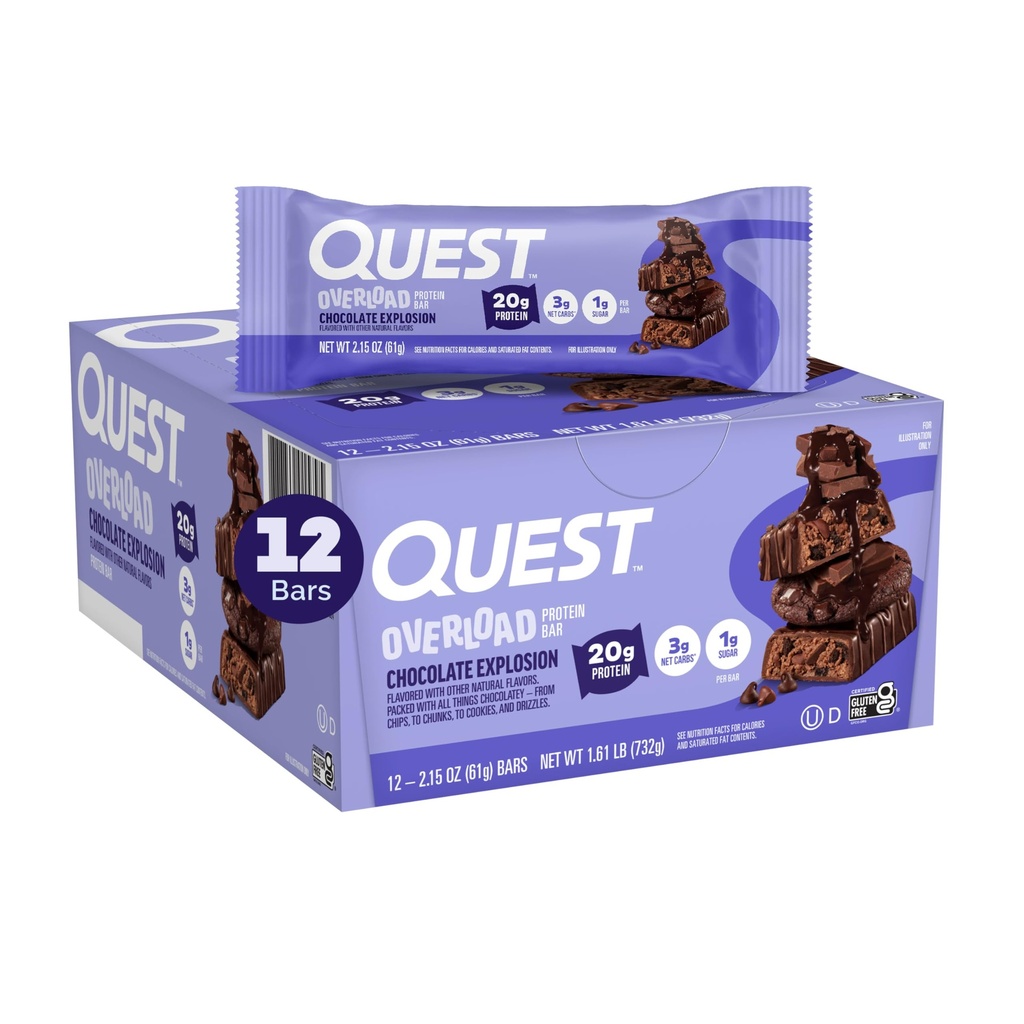 Quest Nutriție Overload Baruri de proteine, Explozie de ciocolată, 20g Proteine, 1g Zahăr, 3g carbohidrați nete, Gluten gratuit, 12 Conte