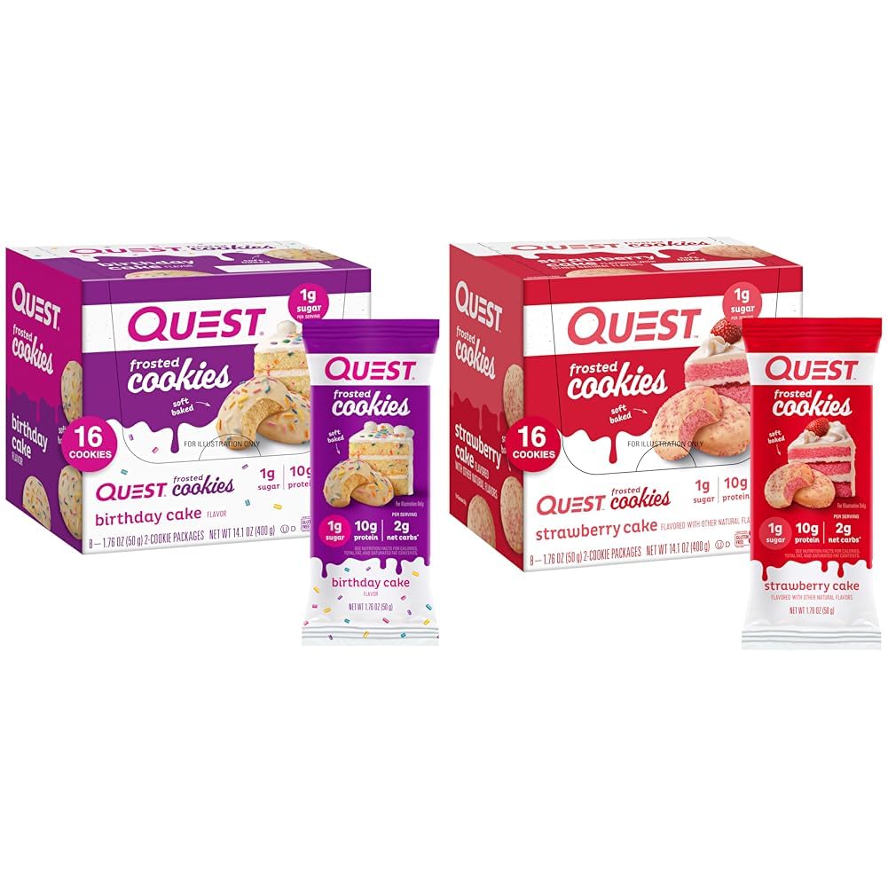 Quest Frosted cookie-uri Twin Pack cu tort ziua de nastere 1g zahăr 10g proteine 2g Net carbohidrati Gluten gratuit 8 Conte și căpșuni tort 1g zahăr 10g Proteine 2g Net carbohidrati Gluten gratuit 16 cookie-uri