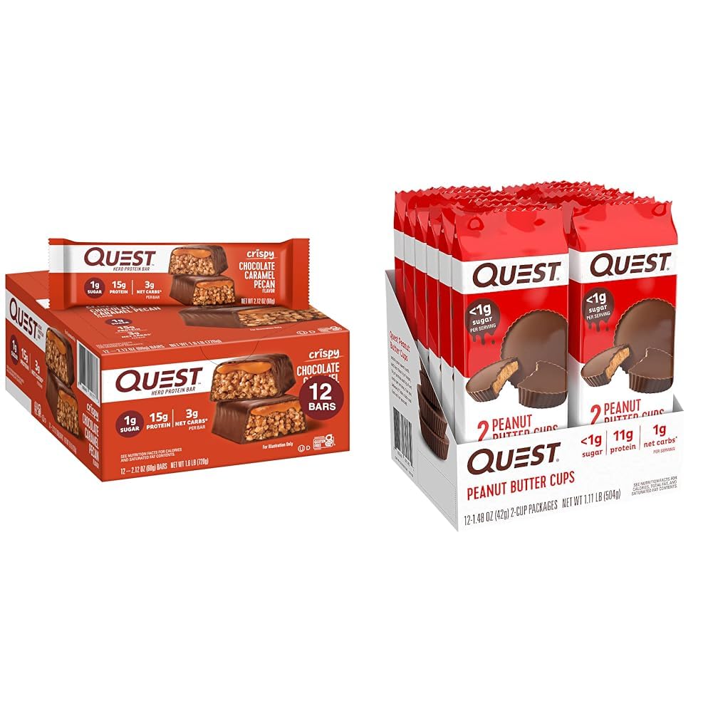 Quest Nutriție Ciocolată Crispy Caramel Pecan Hero Proteina Bar, 15g Proteina, 1g Zahăr și proteine ridicate Carb scăzut, Gluten gratuit, Keto prietenos, Unt de arahide Cupe, 12 Conte