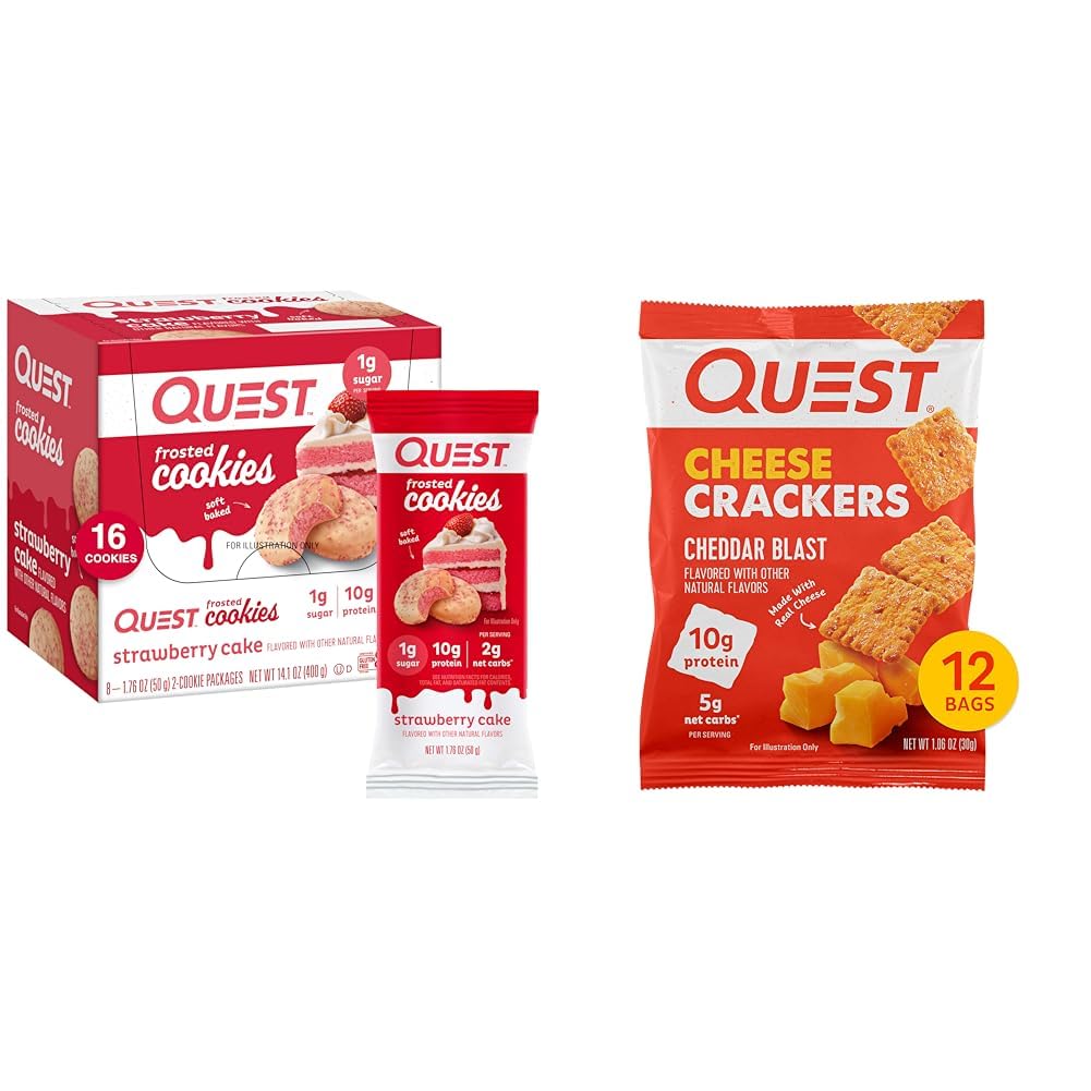 Quest Nutritie Prăjituri Frosted Twin Pack, Prăjitură cu căpșuni, 1g Zahăr, 10g Proteină, 2g carbohidrați nete și brânză crackers, Cheddar Blast, Proteină ridicată, carbohidrat scăzut, Made with Real Cheese, 12 Ct