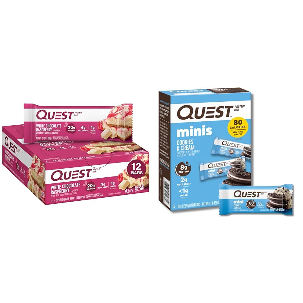 Quest Proteine Baruri Bundle - alb ciocolată zmeură 12 Count & Cookie-uri 'N Cream Mini 14 Conte