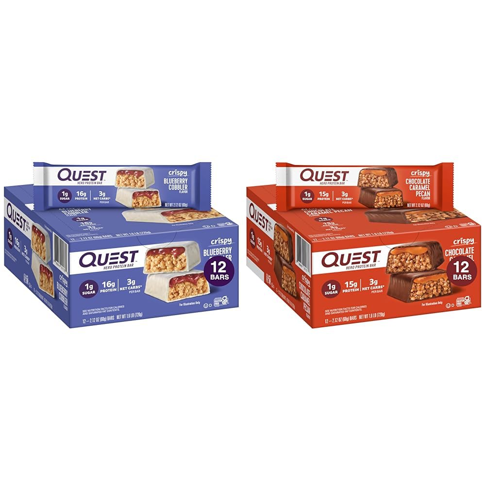 Quest Nutrition Crispy Blueberry Cobbler & Chocolate Caramel Pecan Hero Proteine Bars, 16g & 15g Proteine, 1g Zahăr, 3g Net Carb, Gluten Free, Keto Friendly, 12 Conte Bundle