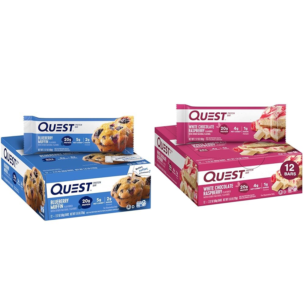 Quest Blueberry Muffin (12 Conte) și alb ciocolată zmeură (12 Conte) Proteine Baruri Bundle, Proteină mare, Gluten gratuit