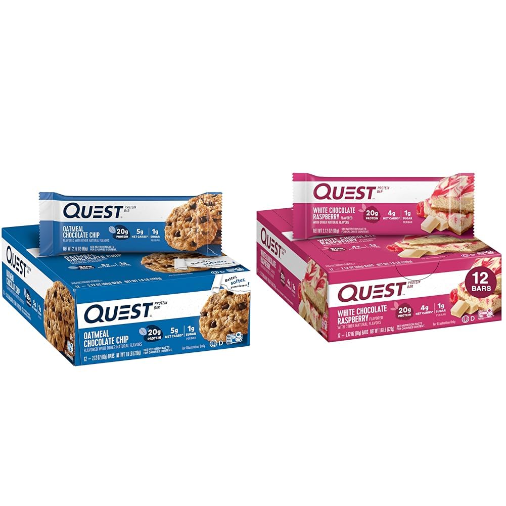Quest Nutriție fulgi de ovăz Ciocolată Proteină Bar, Proteină mare, Carb scăzut, Gluten gratuit și alb Ciocolată Proteine de zmeură Baruri, Proteină mare, Carb scăzut, Gluten gratuit