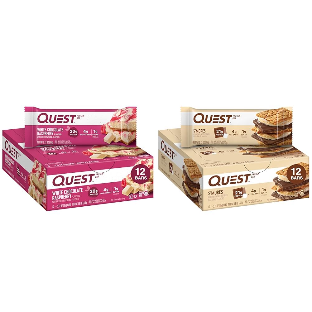 Quest Nutriție White Ciocolată Zapberry Proteine Baruri, Proteină mare, Carb scăzut, Gluten gratuit, Keto Friendly, 12 Conte & S'mores Proteine Bar, Proteină mare, Carb scăzut, Gluten gratuit, Keto Friendly, 12 Conte