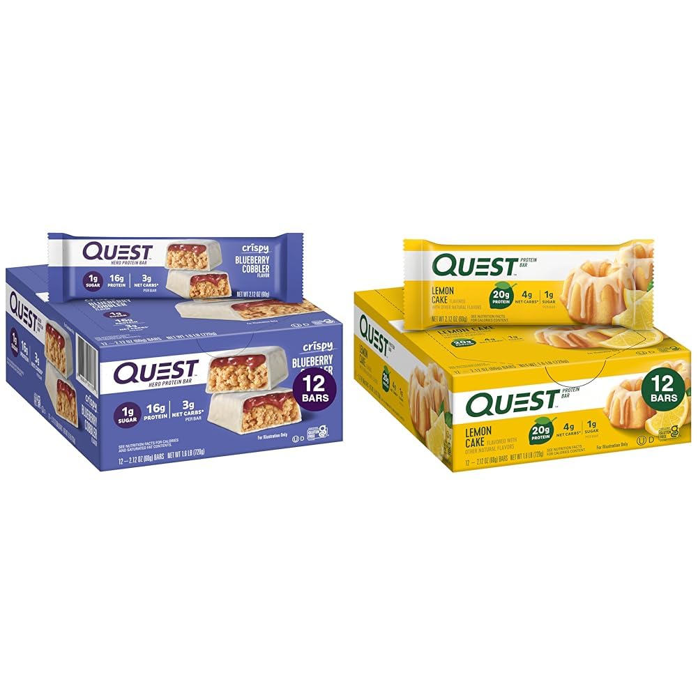 Quest Nutriție Crispy Blueberry Cobbler Hero Proteina Bar, 16g Proteina, 1g Zahăr, 3g & Lemon Cake Baruri Proteine, Proteină mare, Carb scăzut, Gluten gratuit, Keto Friendly