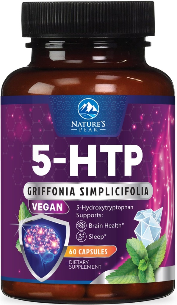 5-HTP Supliment - 5-HTP 200mg Per Serving - Extra Putere 5HTP (5-Hidroxitriptofan) Griffonia Simplicifolia - Sprijină somn odihnitor, Calm natural și sănătatea creierului - îmbuteliat în SUA - 60 capsule