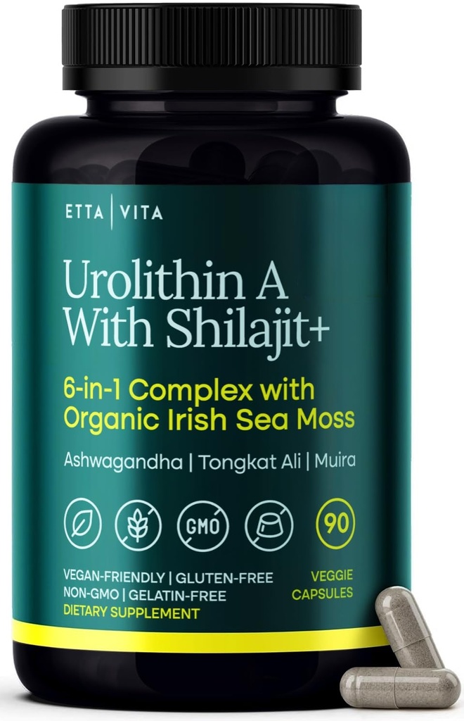 Urolithin-A Complex w Shilajit, Organic Sea Moss, Ashwagandha & Tongkat Ali, Natural Energy, Libido, Hormone Echilibrul, și Focus pentru bărbați și femei (Made in USA - 3rd Party Testat)