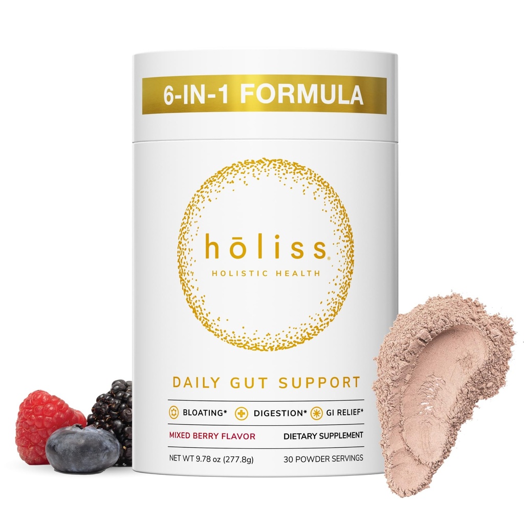 Daily Gut Powder 6-in-1 All Natural Supplement, Slippery Elm, L Glutamina, Lemon Balm cu PepZingI - Bloat & Gas Relief, GI Lining Repair, IBS Support - mixt Berry, 30 Serviri