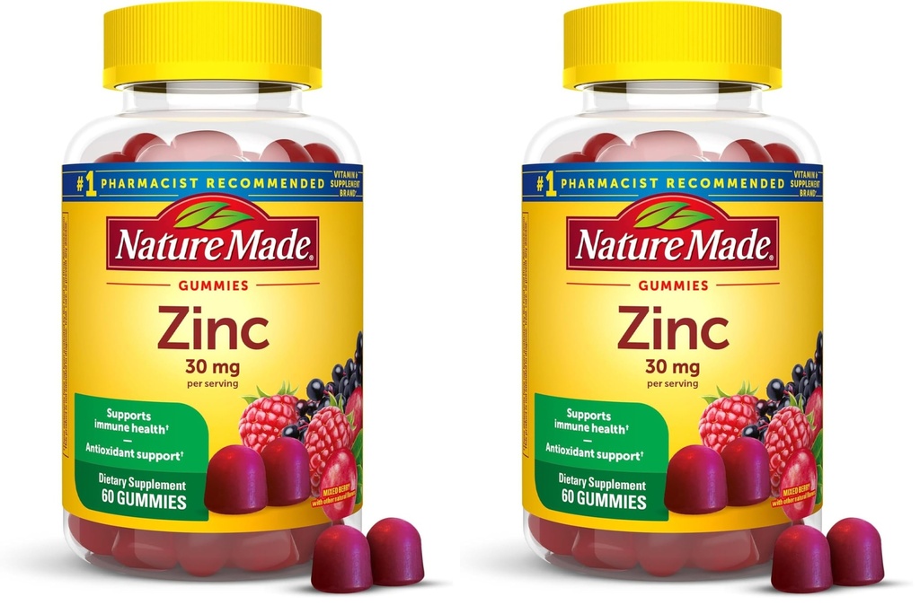 Nature Made Zinc Suplimente 30 mg Per Servire, Supliment alimentar pentru sănătate imună și suport antioxidant, 60 Gume de zinc, 30 zile de aprovizionare, (Pachet de 2)