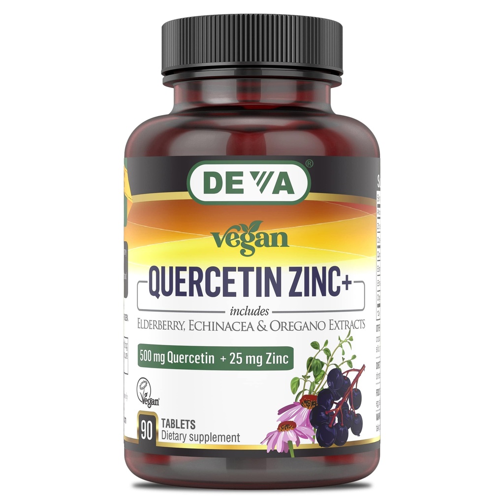DEVA Vegan Querbetin 500mg Plus 25mg Zinc cu Elderberry, Echinacea și extracte Oregano -Nu ingrediente animale - 90 comprimate, 1-Pack