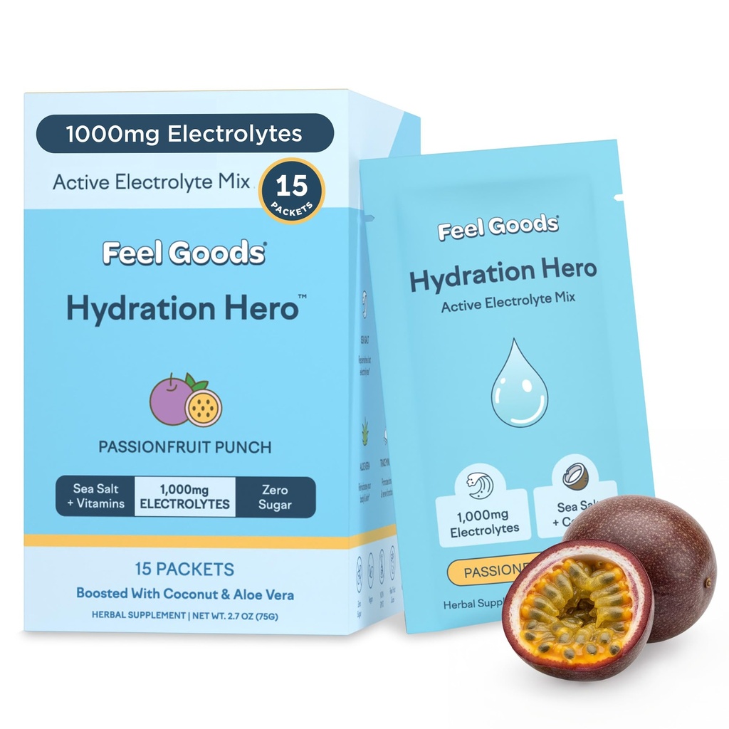 Feel Goods Hydration Hero, 1000 mg Electrolytes Powder, Sugar Free, Magneziu, Organic Aloe Vera, L Theanine, Vitamina C & B12, Keto, Vegan, Electrolyte Packets, Passion Fruit Punch, 15 Count