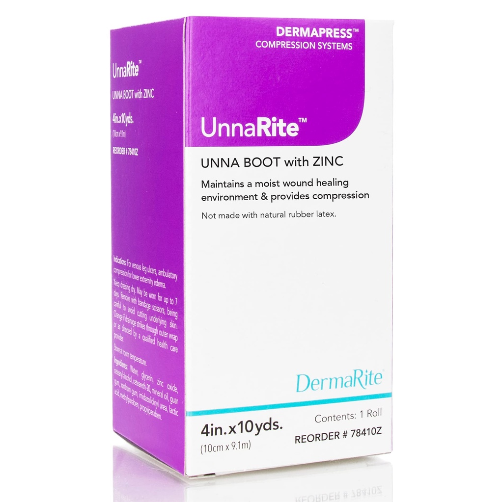 DermaRite's Unnarite C Unna Boot, cu oxid de zinc - Umist Healing and Gentle Compression for Venous Leg Ulcers - 4 in. x 10 yds., 1 Roll