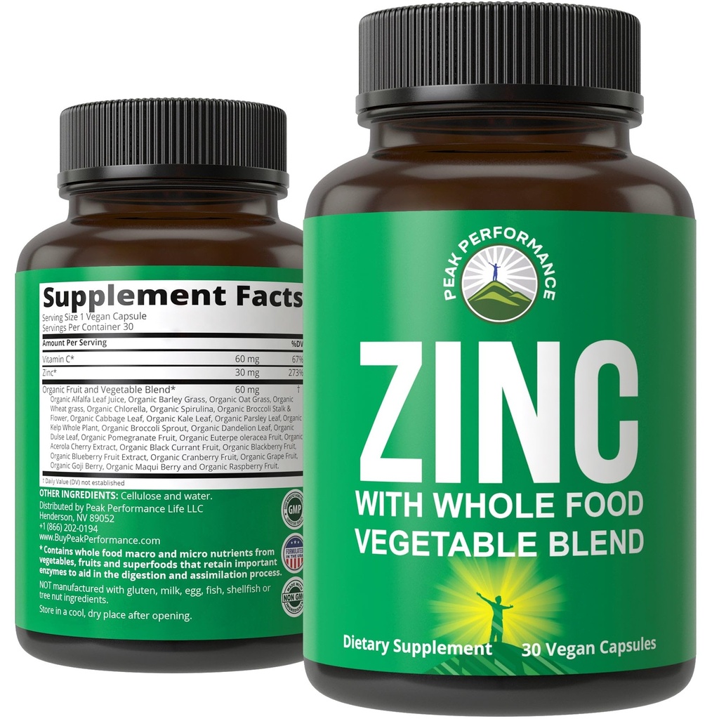 Supliment de zinc Vegan cu vitamina C + amestec alimentar întreg de 25 legume și fructe pentru absorbție Max. Suplimente de zinc 30mg Capsule, Pastile, Tablete, Vitamine pentru adulţi Atât bărbaţi cât şi femei