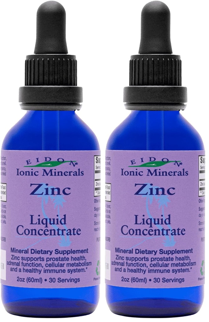 Eidon Ionic Minerale Liquid Zinc concentrat - Ionic Zinc supliment picături pentru adulți și copii, Suport Immune System, Păr și Piele, Ficat și Rinichi Sănătate, Scutește Stresul - 2 oz (Pachetul de 2)