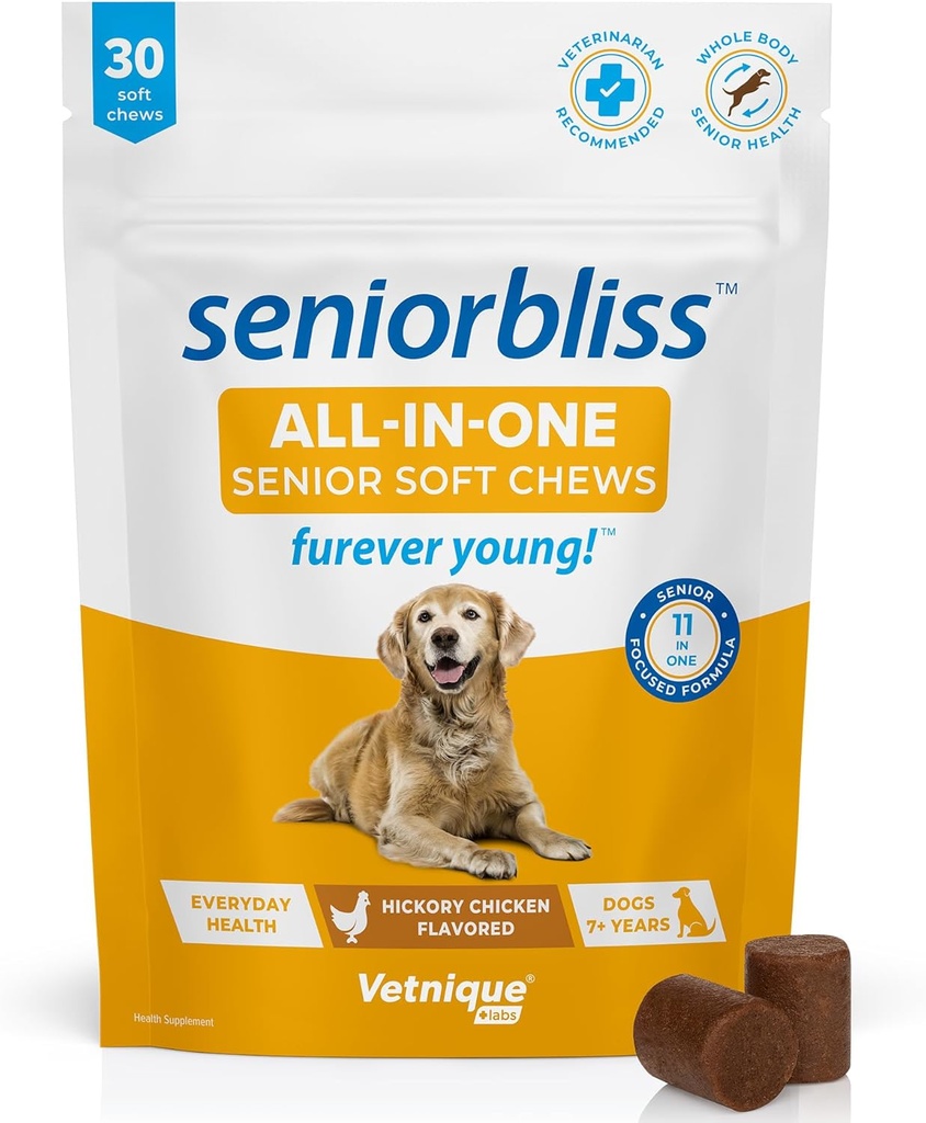 Vetnique Seniorbliss Senior Dog Multivitamine cu Glucosamină, Omega 3 Ulei de pește, și Probiotice - pentru articulații de câine, Digestive și Suport Immun pentru Sănătate Optimal (All-in-One Daily Vitamina, 30 Ct)