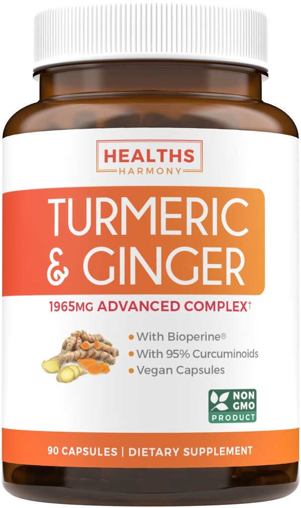 Supliment turmeric și ghimbir (non-GMO) 1980mg Servire - Curcumina turmerica cu bioperina cu piper negru, extract de ghimbir, și 95% Curcuminoide pulbere - Supliment de sprijin comun Tumeric - 90 capsule