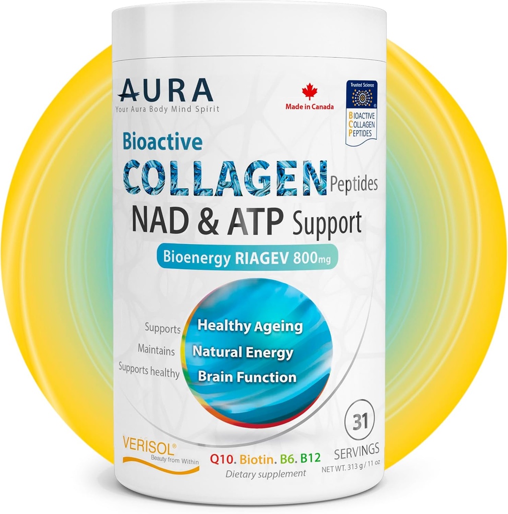 AURA VERISOL® Bioactive Colagen Peptides® Powder cu Boostere Patentat NAD+ & ATP, Sistem avansat de intinerire celulara, Reparatii sanatoase de imbatranire & ADN, Nearomate, Made in Canada, 31 Servings.