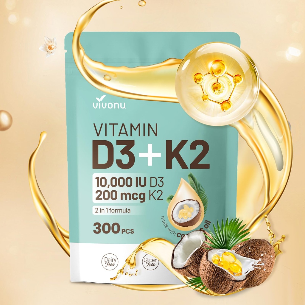 VivoNu Vitamina D3 K2 10000 UI cu MK7-300 Virgin ulei de cocos Softgels, 2 în 1 Vitamine D & K Complex 