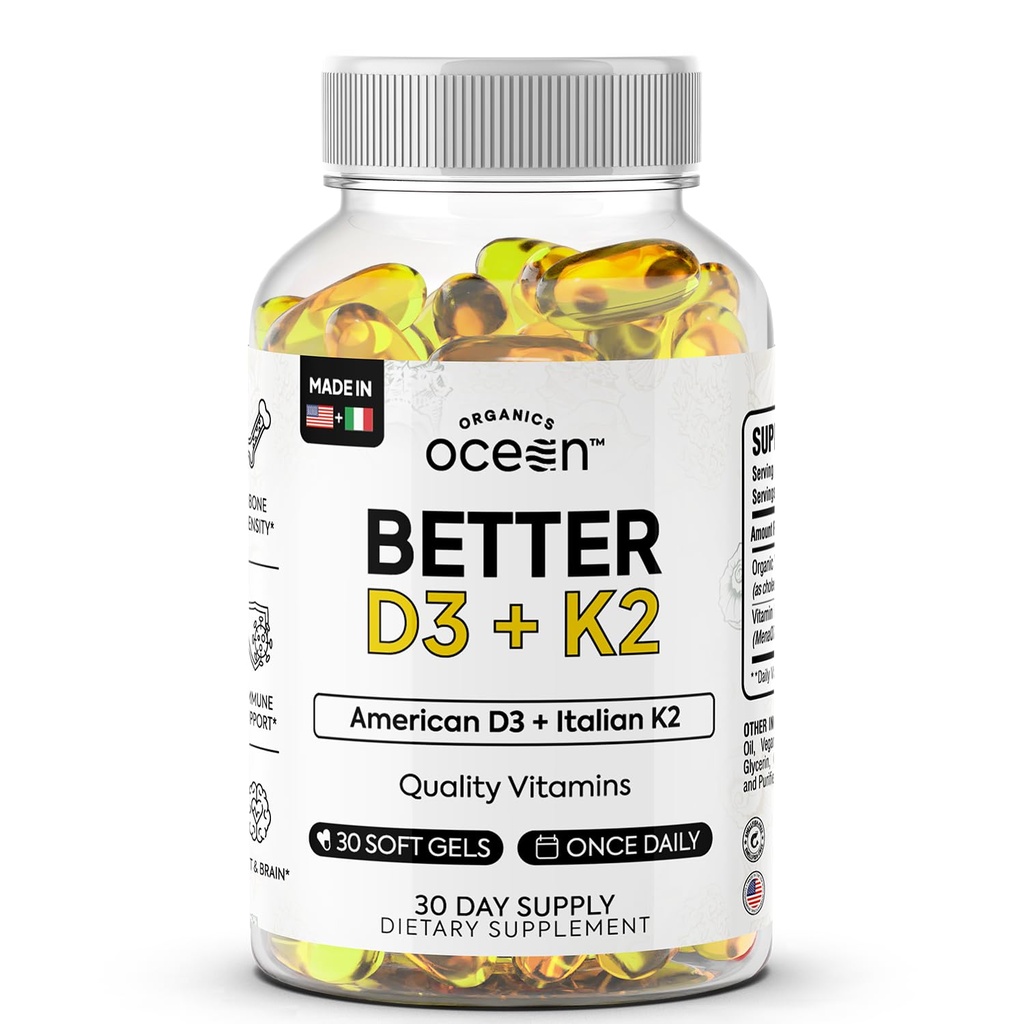 Ecologics Ocean Better D3 + K2-100% Organic VIT D3 și K2 Suplimente cu Biodisponibilitatea maximă - Suportă Densitatea osoasă, Balance de calciu, Imunitate & Mood - 1-Pack, 30-Day Supply