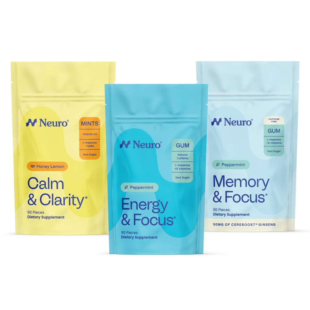 Echilibrul neurocognitiv Bundle - Memory & Focus Nootropic Gum (Peppermint, 90 Count), Menta Melatoninei Somn și Reîncărcare (Berry, 72 Count), Menta de sprijin pentru stres calm și claritate (Honey Lemon, 90 Count)
