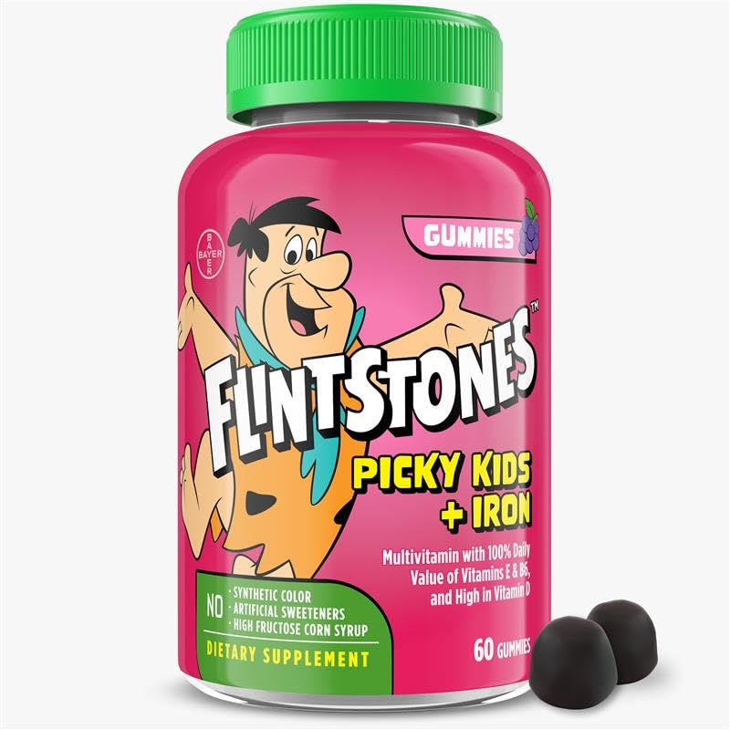 Flintstones Vitamine pentru copii picky + fier, copii Multivitamine Gumries cu vitamina C, D, E, B6 și fier, Gummy Vitamine, Aroma de struguri, 60 Gume