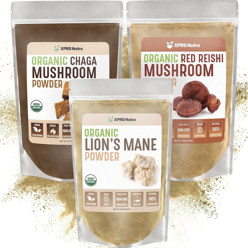 XPRS Nutra Mushroom Bundle - Lion's Mane, Chaga, Red Reishi Futures - All Organic Mushroom Bundle (16 Onces Fiecare)