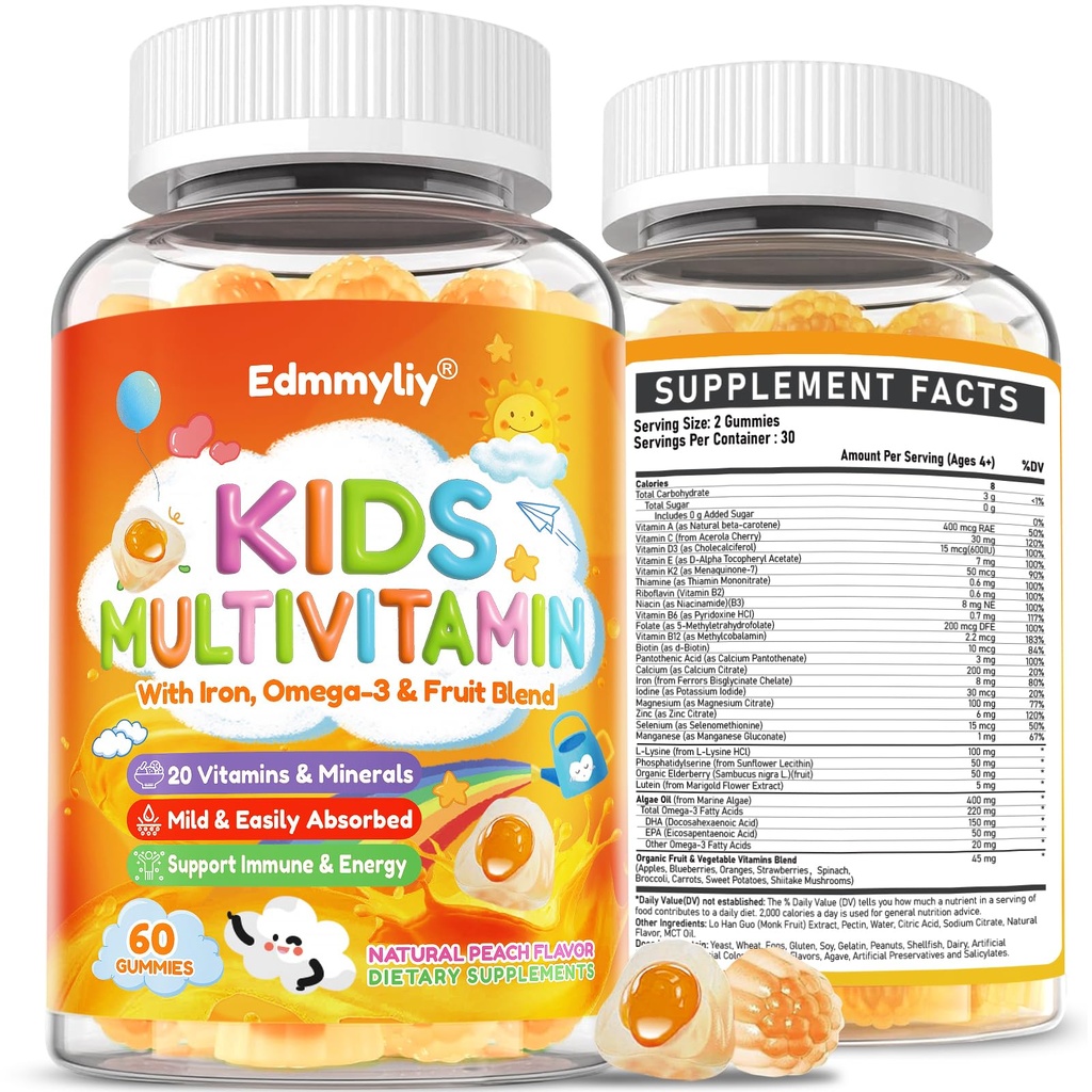 Kids Multivitamine Gummies - Vitamine A D3 K2, metilat B-complex cu Omega-3, Fier pentru Immune & Dezvoltare Suport - Organic mixt-Berry Aroma Multivitamine pentru copii Daily - Zahăr gratuit & Vegan