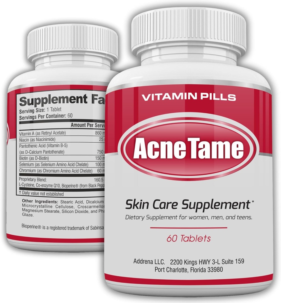 Acnee pastile- Acnee Tame Supliment - clar vitaminele pielii pastile pentru tratamentul pielii uleioase, Blemishes hormonale, Anti pete și Cystic Acnes Suplimente pentru femei, bărbați, adolescenți și adulți - 60 comprimate orale