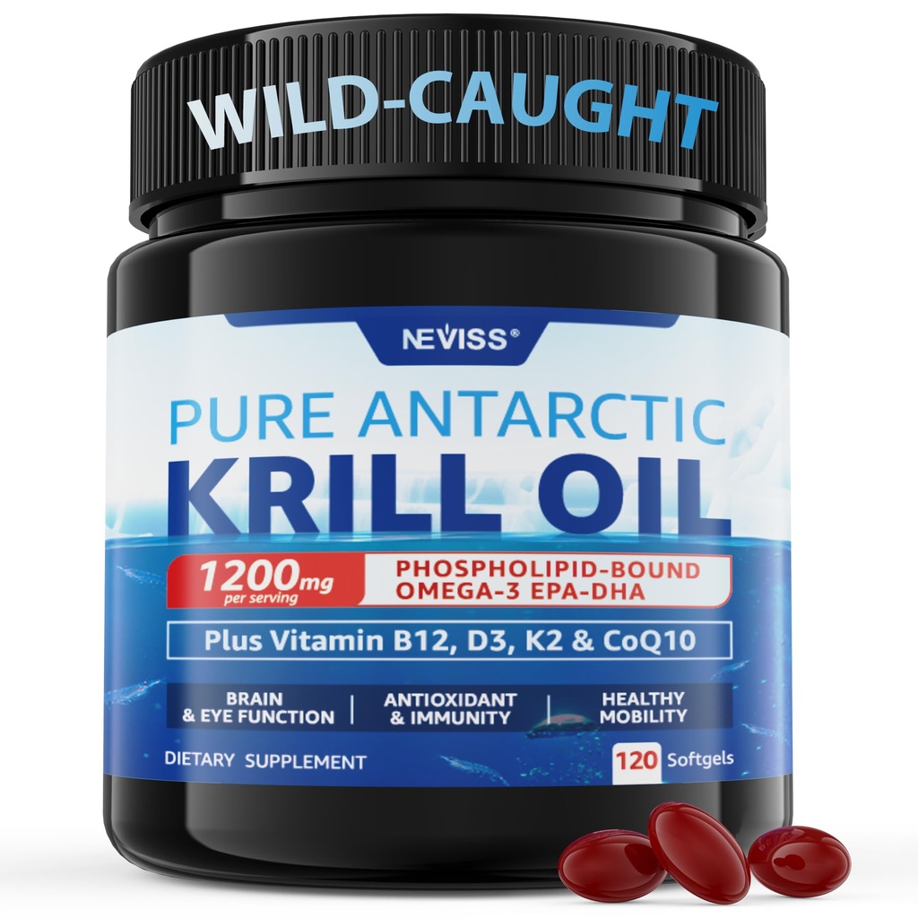 Antarctica Krill Oil 1200 mg Omega 3 Supliment, Omega 3 Krill Oil Softgels w/EPA, DHA, Astaxantin & Fosfolipide pentru creier și antioxidant, Sustenabil Sourced, Fără gust de pește, 120 Softgels