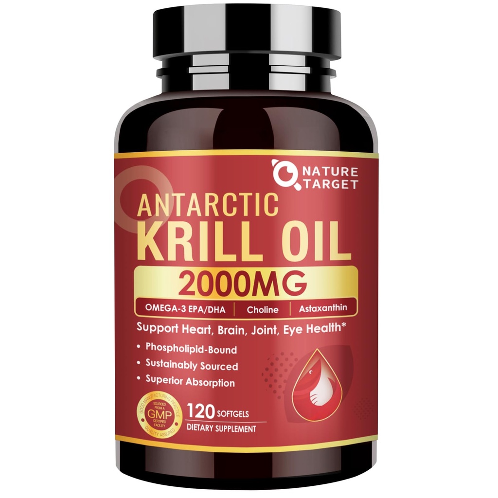 NATURA TARGET Krill Oil 2000 mg cu Omega-3 EPA & DHA cu Astaxanthin Supliment, Choline - Suporturi Inima, Creier, Alătură-te, Eye Health, Non-GMO, Gluten Free, 120 Softgels (60 Servings)