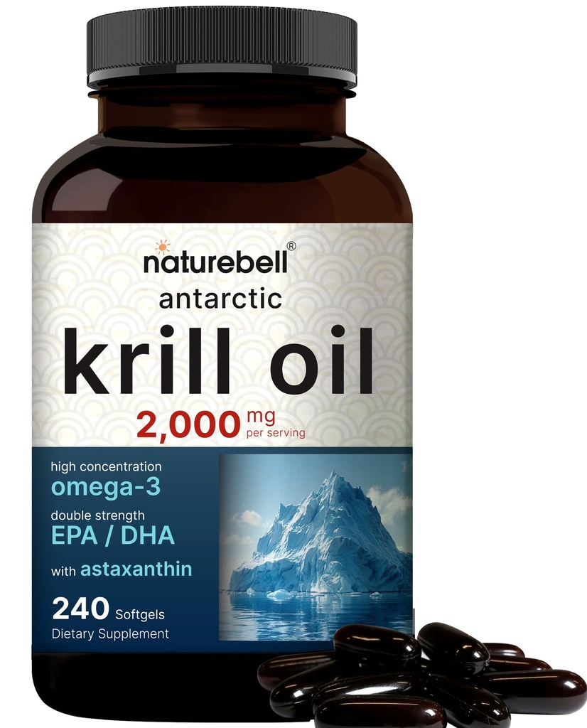 NatureBell Antarctic Krill Oil 2000mg Supliment, 240 Softgels, 3X Putere Naturală Sursa de Omega-3s, EPA 240mg + DHA 160mg + Astaxantin 800mcg 