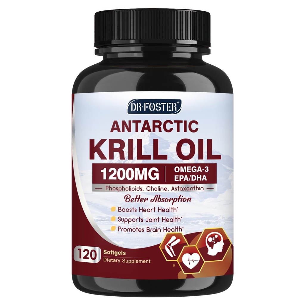 Krill Oil 1200mg, Antarctic Krill Omega 3 Supliment cu EPA, DHA, Astaxantina & Fosfolipide pentru inima si creier si sanatate comuna, No Fishy Aftergust,120 Softgels (60 Servings)