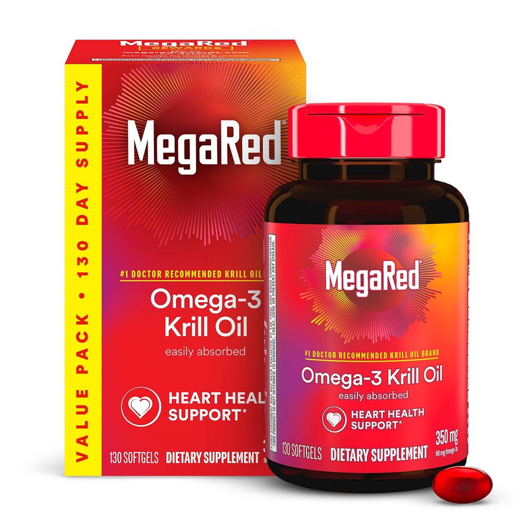 MegaRed - Omega-3 Krill Oil 350mg Softgels (130 Count in A Bottle), EPA & DHA Omega-3 Acidi grasi cu nici un gust de pește spre deosebire de ulei de pește, conține antioxidant Astaxantină