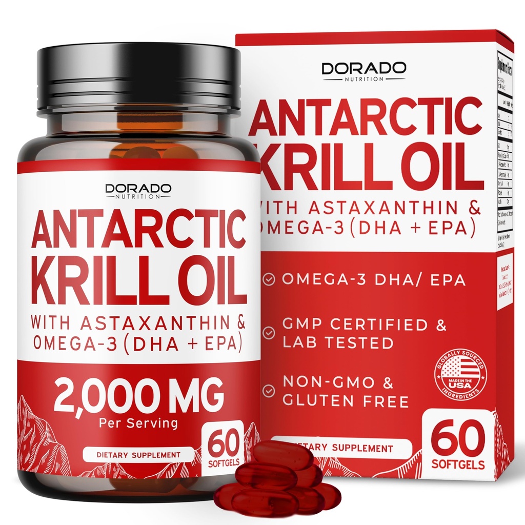 Antarctica Krill supliment ulei (2000 mg per servire, 60 Softgels) Krill ulei Omega 3 Suplimente cu EPA, DHA & Astaxantină - Fosfolipid Premium pentru adulți - terțe părți testate, Non-GMO & SUA Made