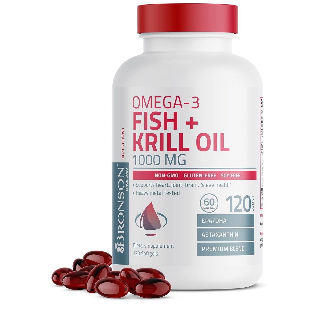 Bronson Omega-3 Fish + Krill Oil 1000 MG EPA DHA Astaxantină premium Blend - Joint, Brain & Eye Health - Non OMG, Heavy Metal Testat, 120 Softgels
