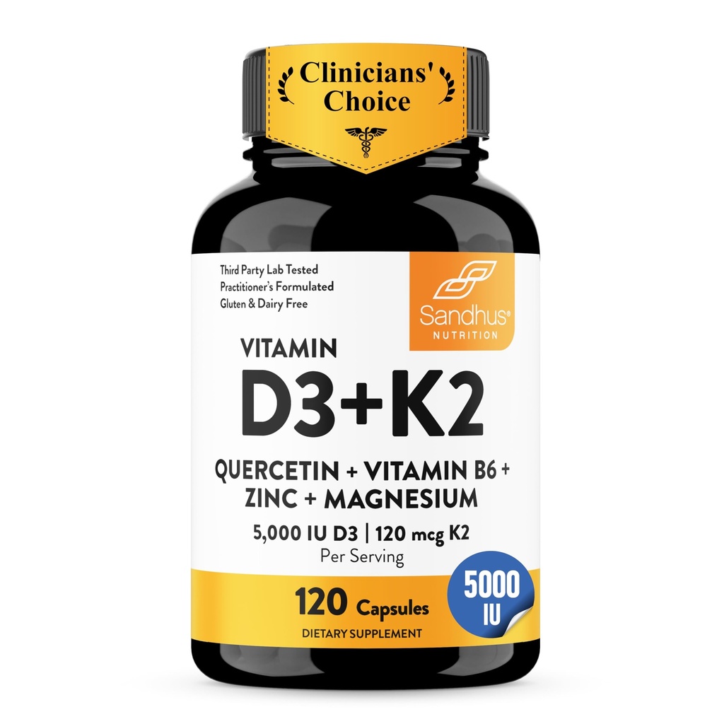 Sandhu's Vitamina D3 K2 Magneziu 5000 UI, 120mcg Capsule K2 120 Count (Pachet de 1) 